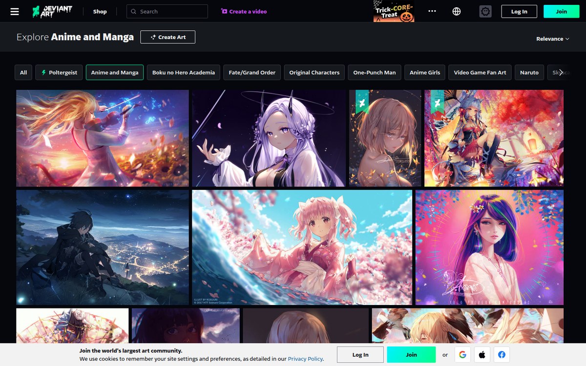 Раздел Explore Anime and Manga с тегами и работами
